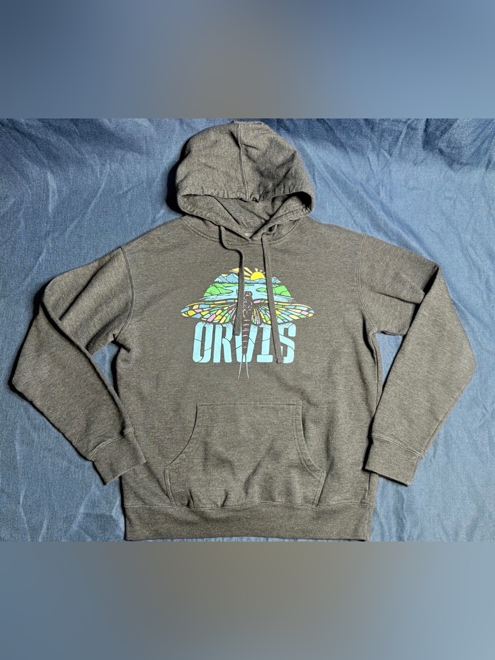 Orvis Dragonfly Graphic Pullover Gray Hoodie Pouch Pocket Women’s Medium